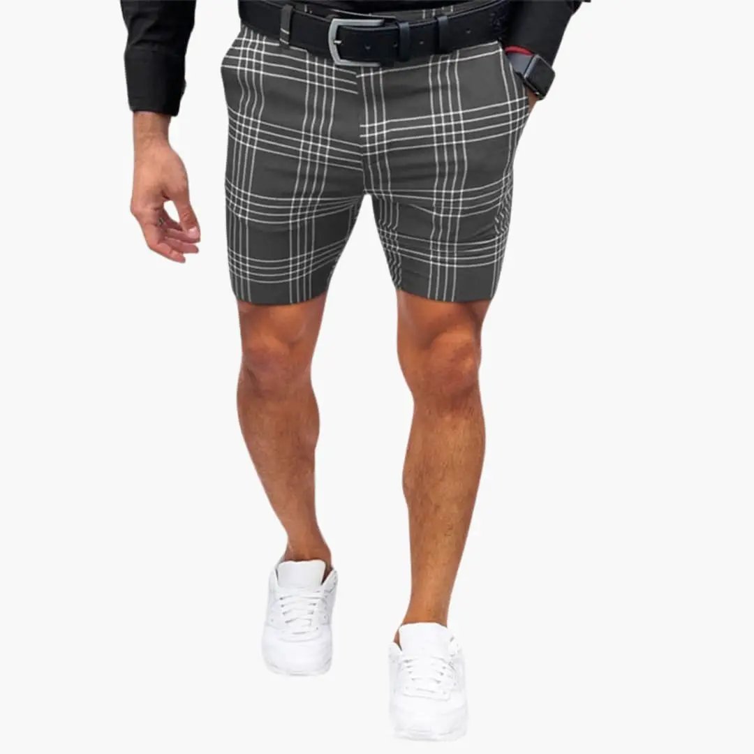 Gray checkered men shorts above the knee with white plaid lines and tailored fit