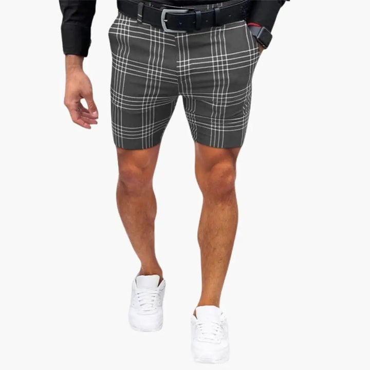 Gray checkered men shorts above the knee with white plaid lines and tailored fit