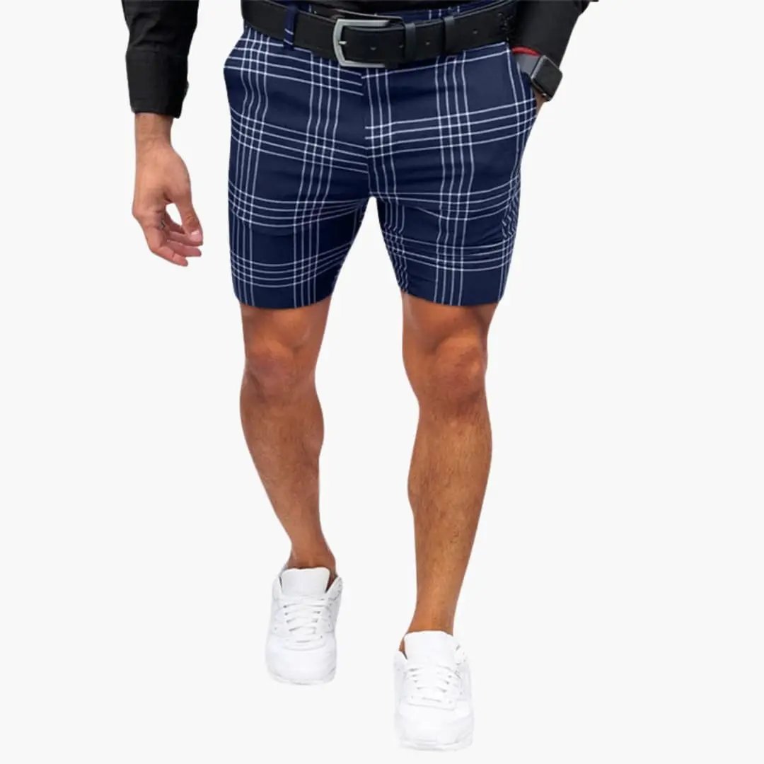 Navy blue checkered above knee shorts with white grid pattern and fit