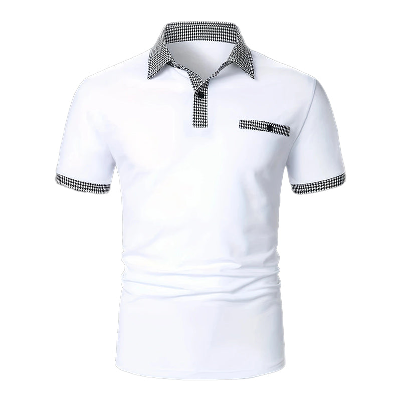 White men's short sleeve polo shirt isolated on white with checkered collar, placket, and cuffs