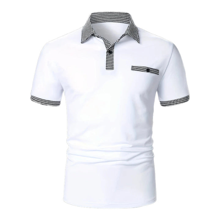 White men's short sleeve polo shirt isolated on white with checkered collar, placket, and cuffs