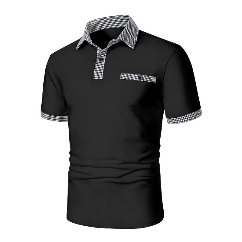 Black short sleeve polo shirt with checkered collar, placket, and cuff trim