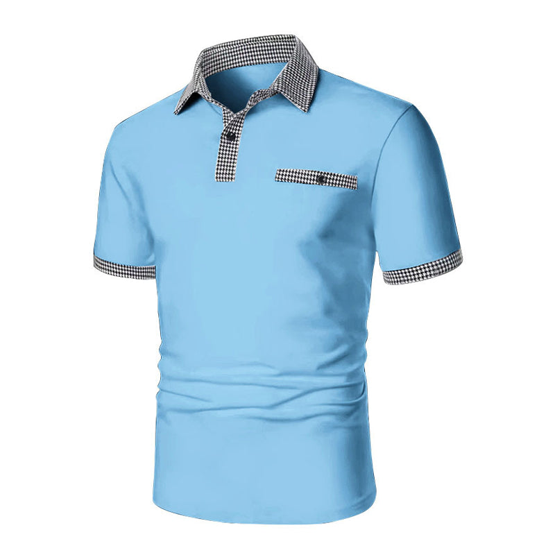 Light blue short sleeve polo shirt with checkered collar and sleeve trim
