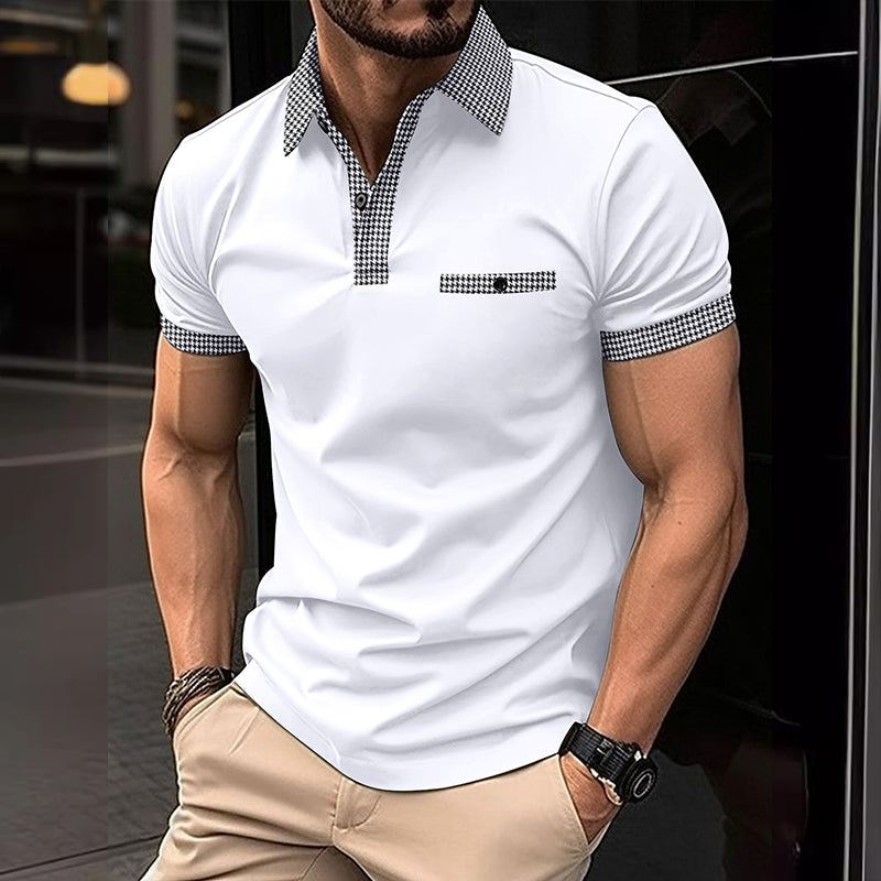 White short sleeve polo shirt with checkered collar and sleeve cuffs styled as casual menswear