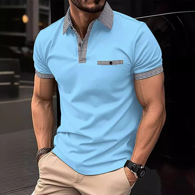 Light blue men's polo shirt featuring checkered collar, button placket, and matching sleeve trim