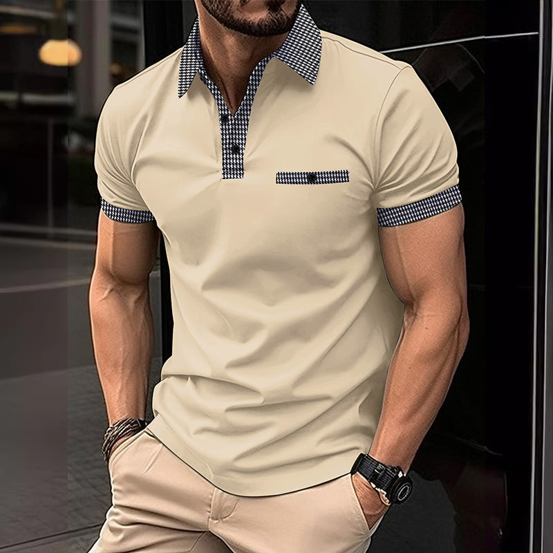 Beige short sleeve polo shirt with checkered collar, placket, and sleeve cuffs for casual wear