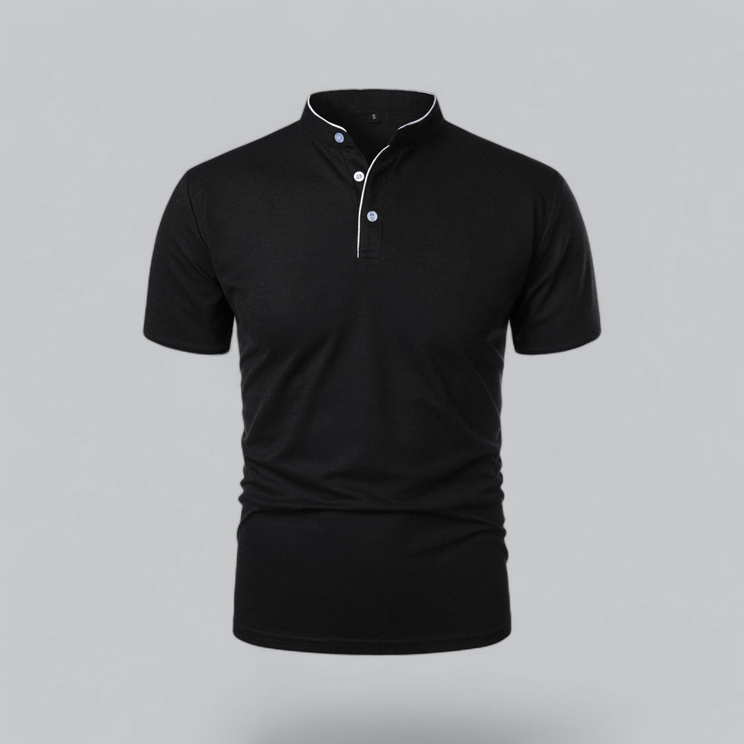 Black collarless short sleeve polo shirt with white piping and three-button front closure