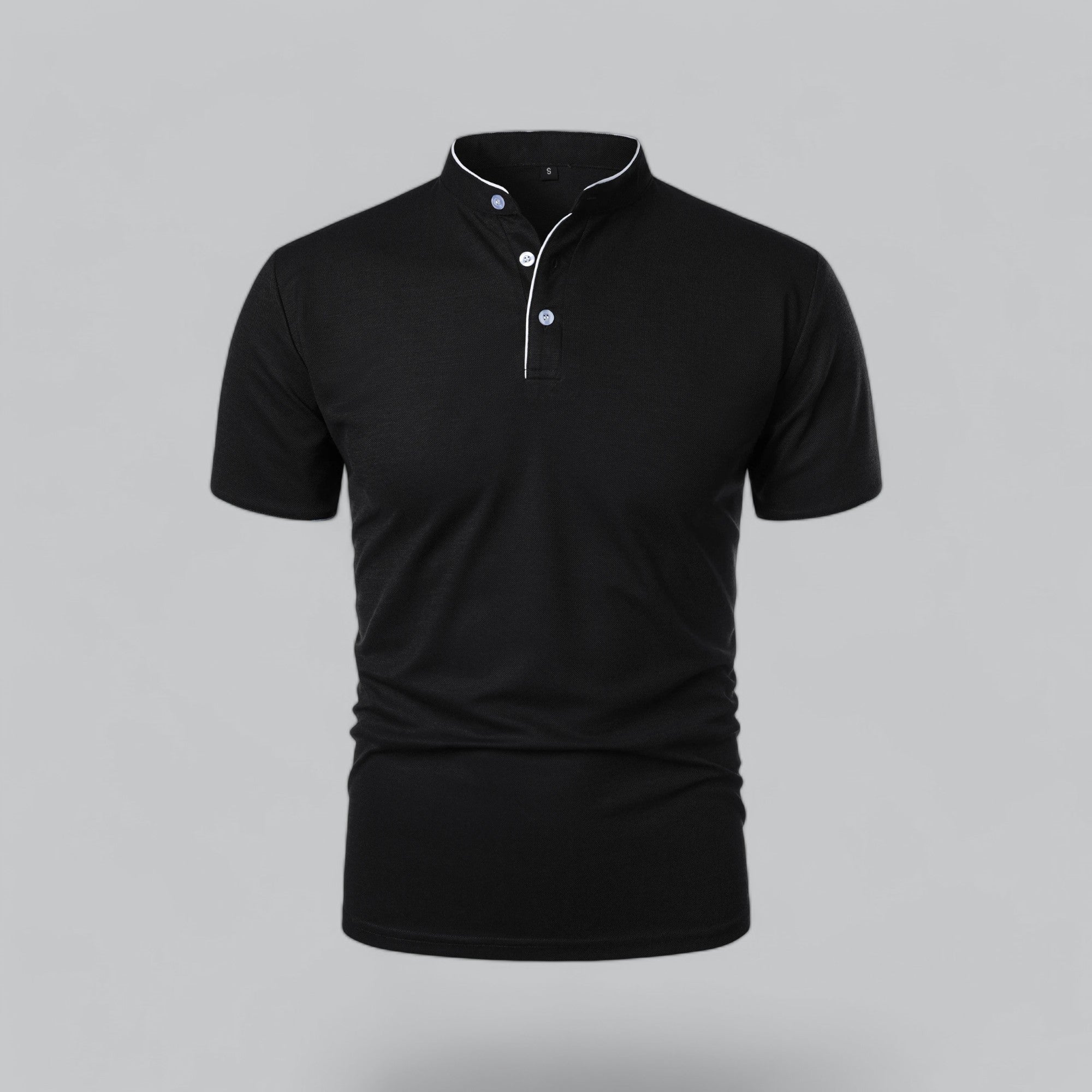 Black collarless short sleeve polo shirt with white piping and three-button front closure