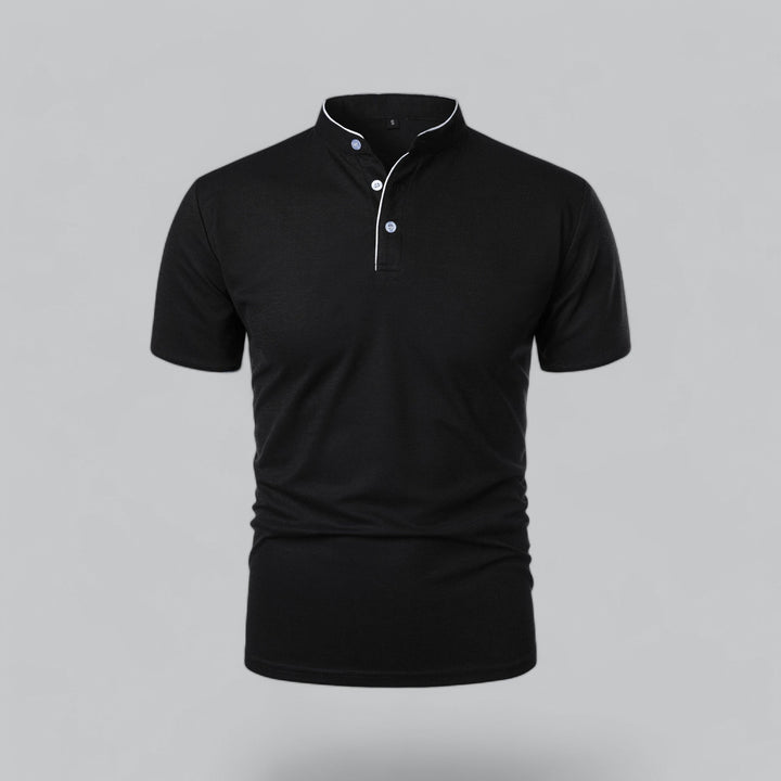 Black collarless short sleeve polo shirt with white piping and three-button front closure