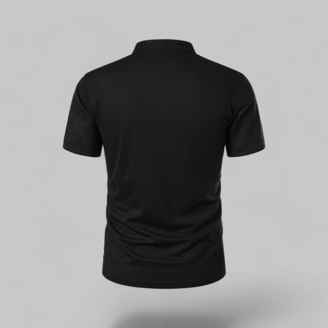 Black collarless short sleeve polo shirt shown from back, fit casual t shirt