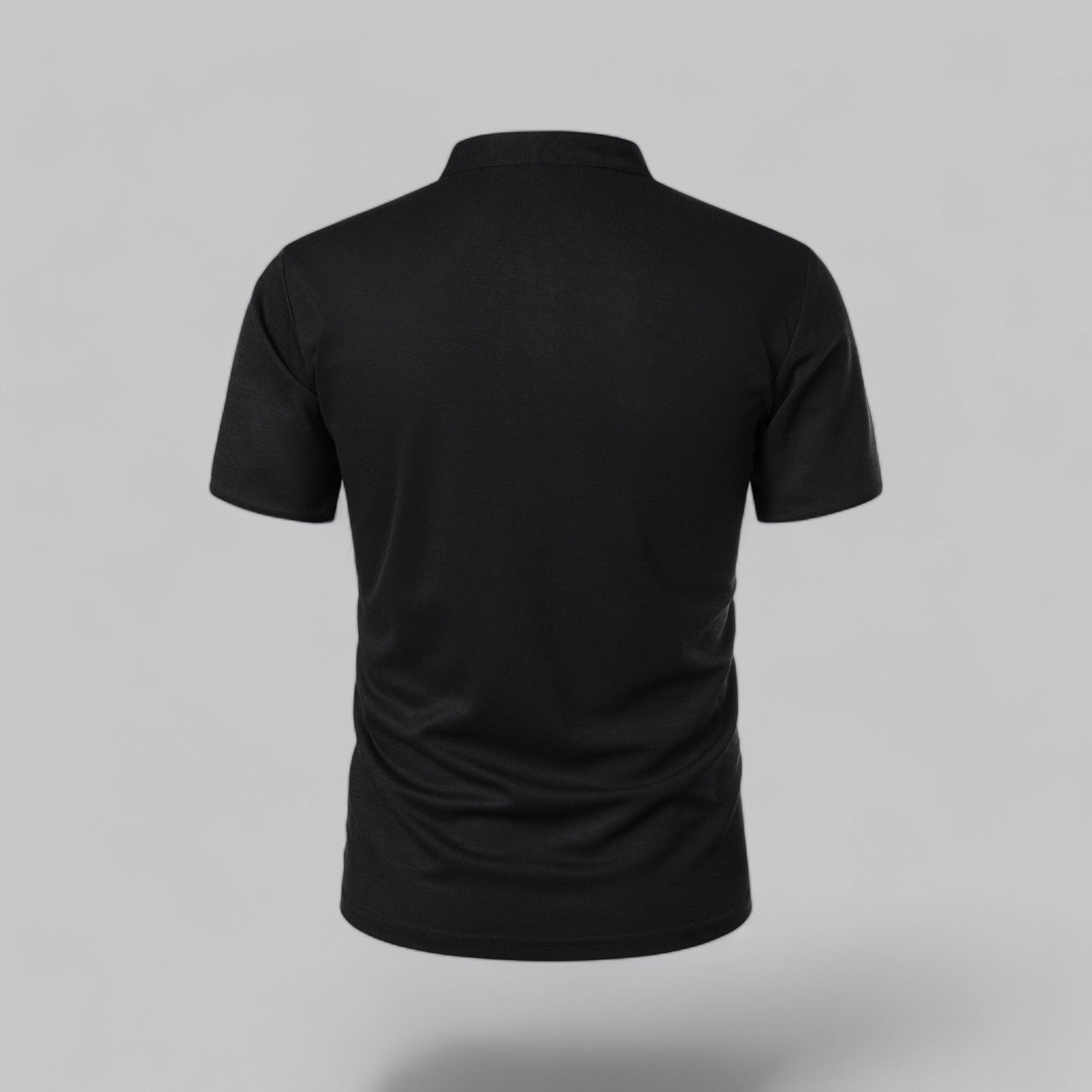 Black collarless short sleeve polo shirt shown from back, fit casual t shirt