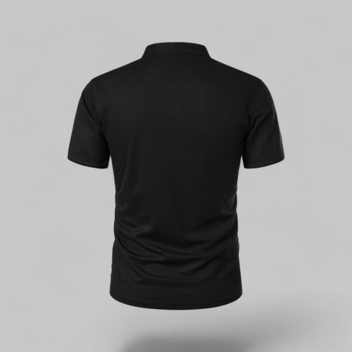 Black collarless short sleeve polo shirt shown from back, fit casual t shirt