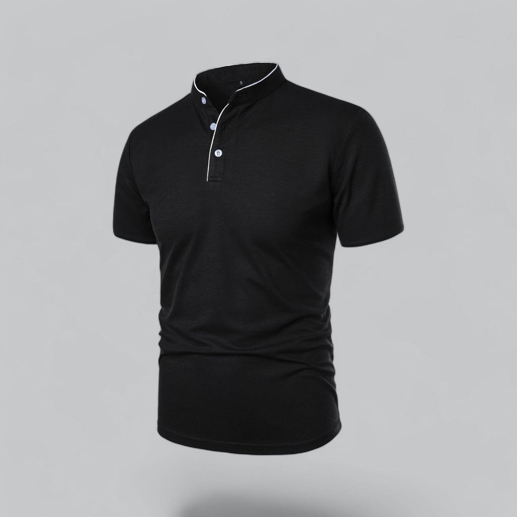 Black collarless polo shirt front view with white piping and button placket, men's t shirt