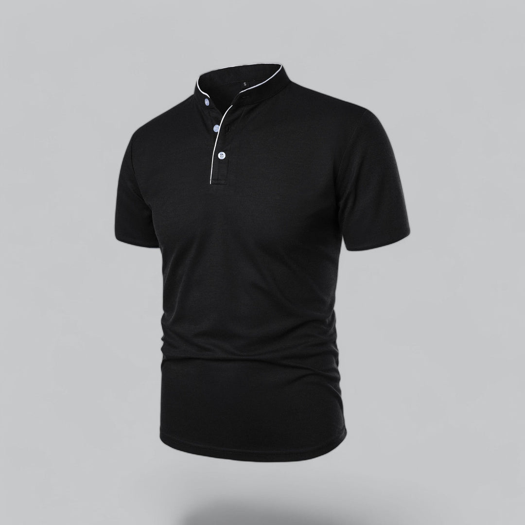 Black collarless polo shirt front view with white piping and button placket, men's t shirt