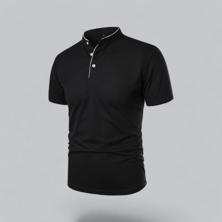Black collarless polo shirt front view with white piping and button placket, men's t shirt