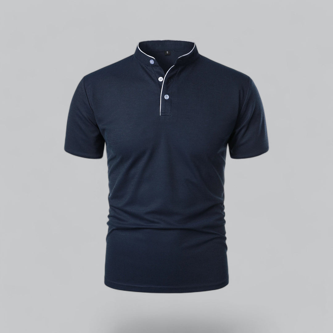 Navy collarless short sleeve polo shirt front view with white piping, casual men's shirt