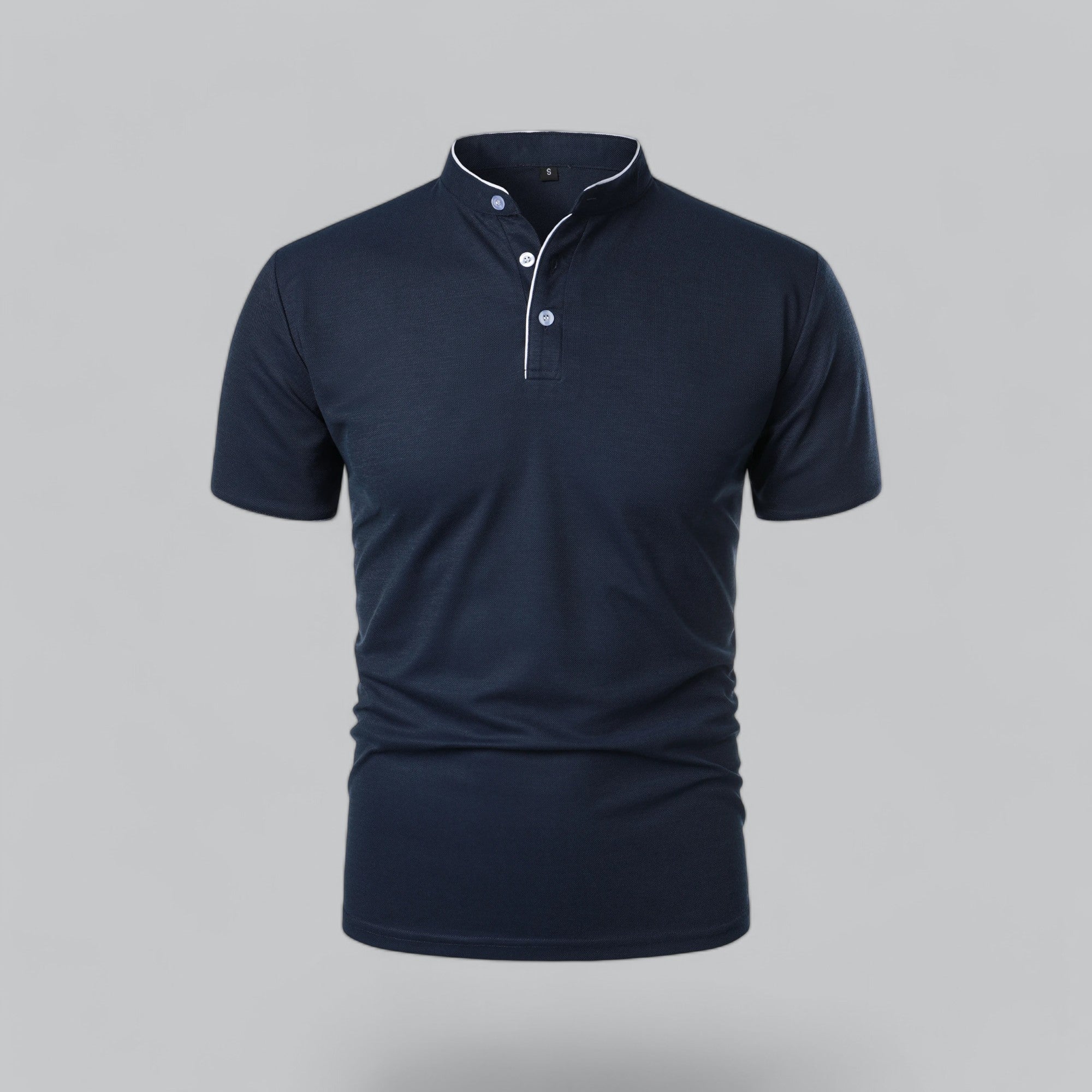 Navy collarless short sleeve polo shirt front view with white piping, casual men's shirt