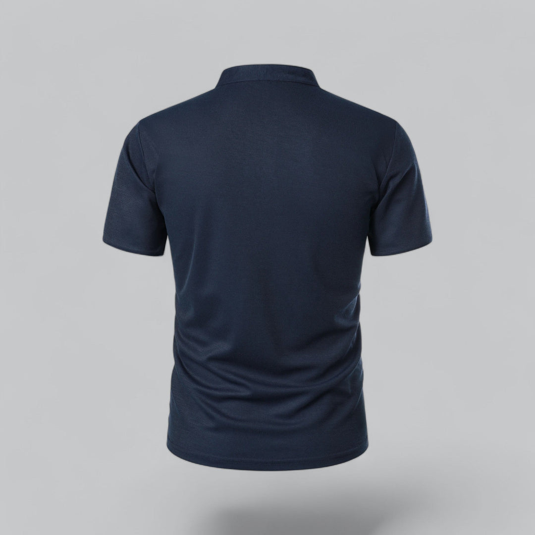 Navy collarless polo shirt back view, fitted short sleeve t shirt for men