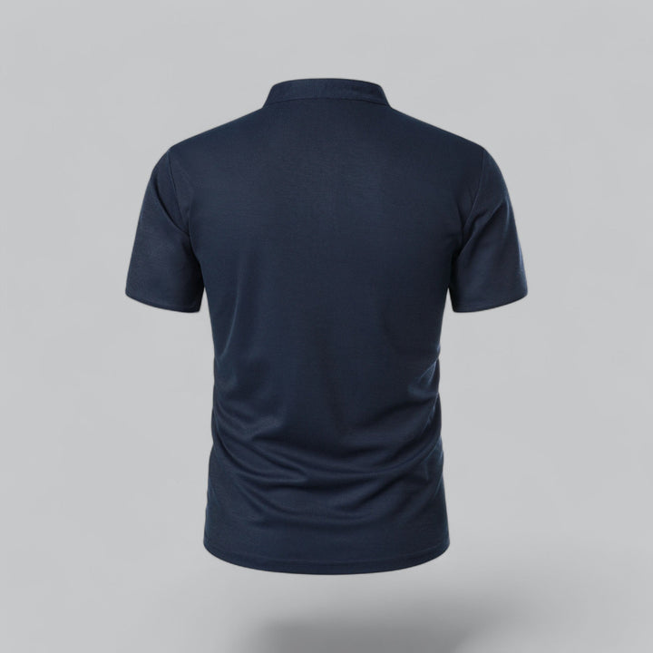 Navy collarless polo shirt back view, fitted short sleeve t shirt for men