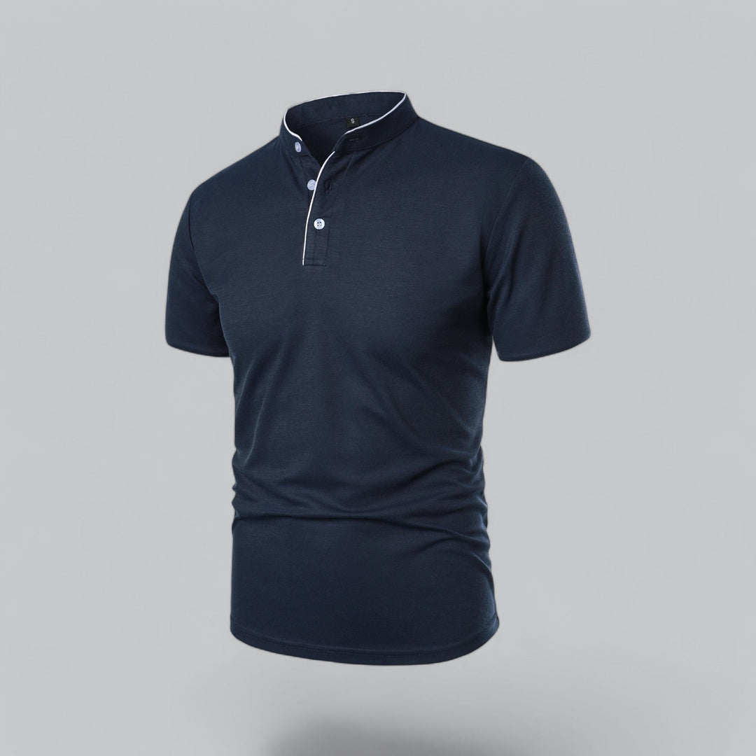White collarless short sleeve polo shirt front view with black piping, men's casual shirt