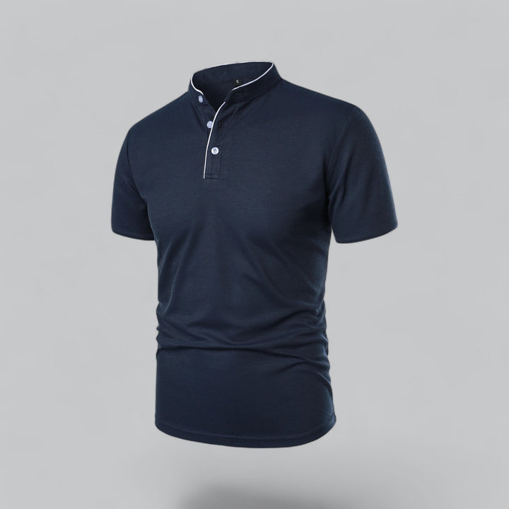 White collarless short sleeve polo shirt front view with black piping, men's casual shirt