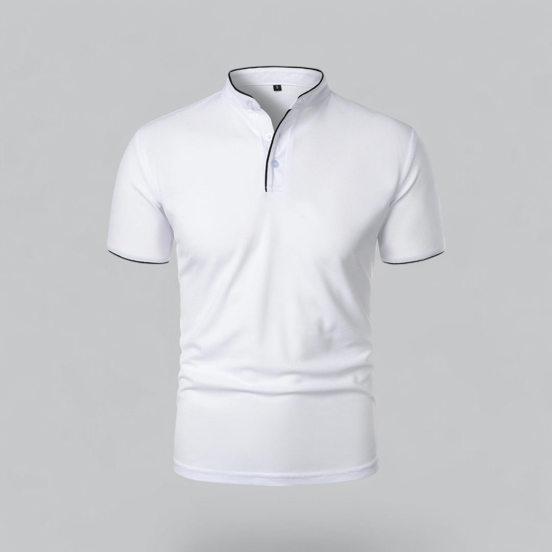 White collarless polo shirt back view, fit short sleeve t shirt