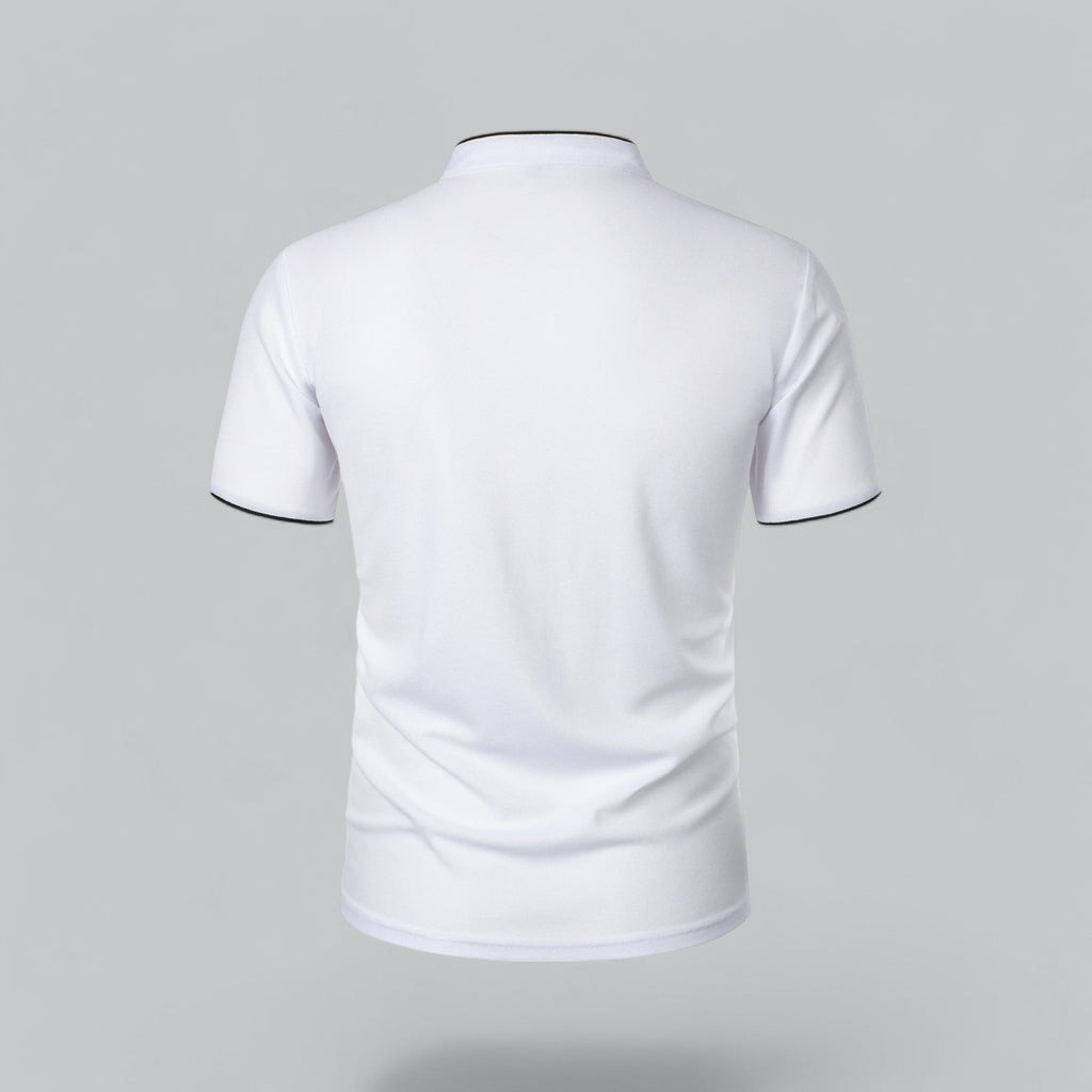 White collarless polo shirt angled front view with black piping and button placket