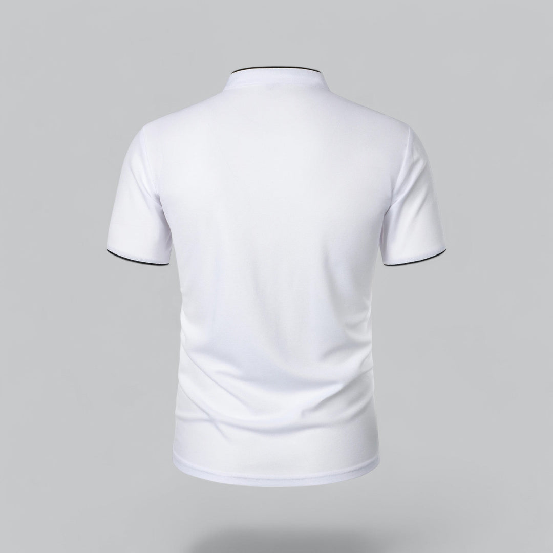 White collarless polo shirt angled front view with black piping and button placket