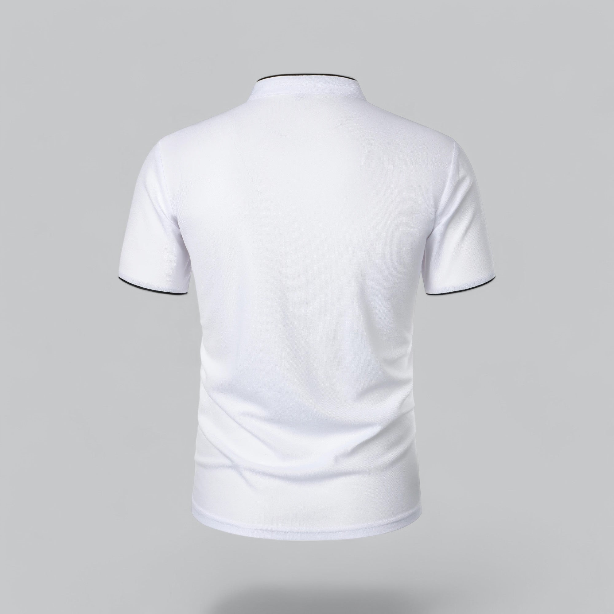 White collarless polo shirt angled front view with black piping and button placket