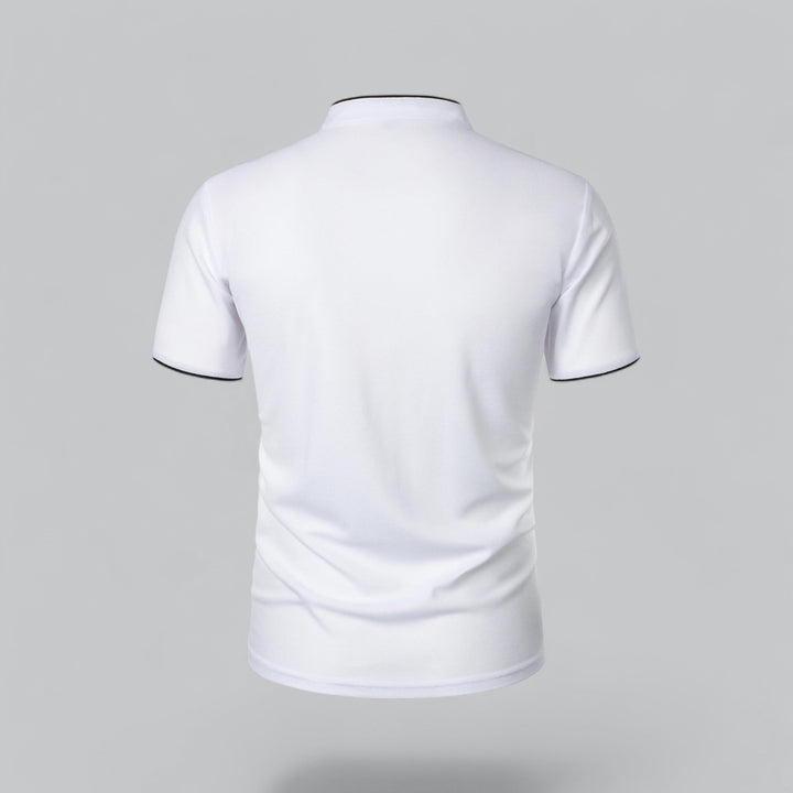White collarless polo shirt angled front view with black piping and button placket