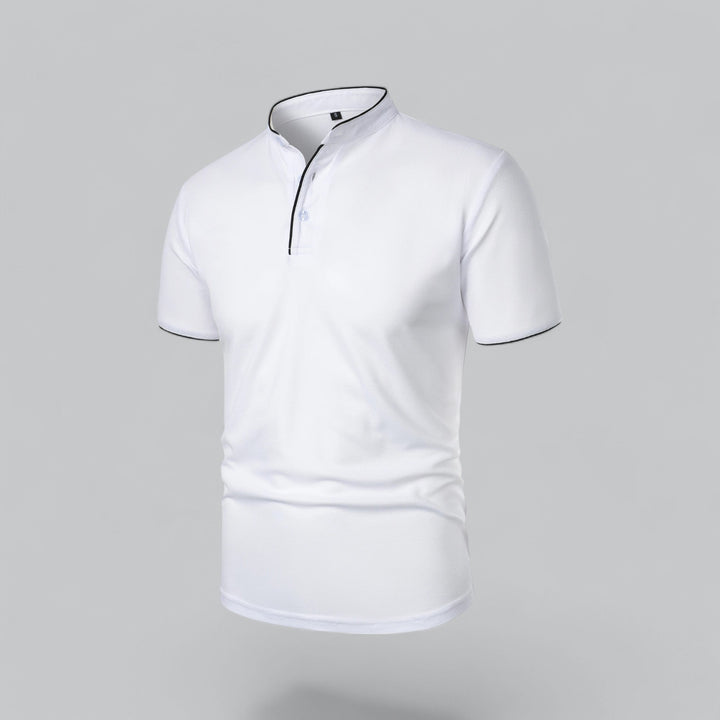 Pink collarless short sleeve polo shirt front view with black piping, men's t shirt