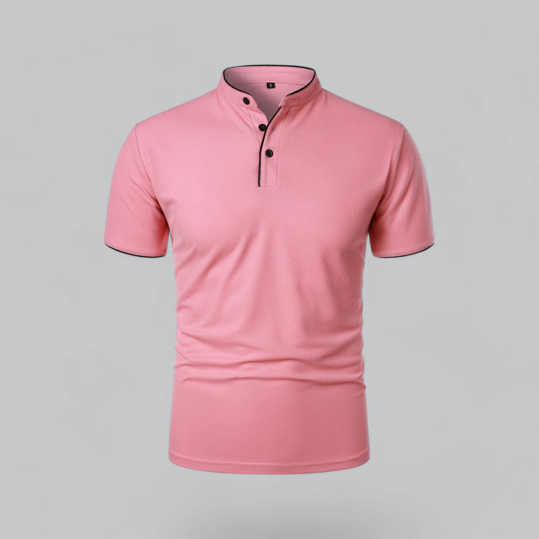 Pink collarless polo shirt back view, fitted casual short sleeve shirt for men
