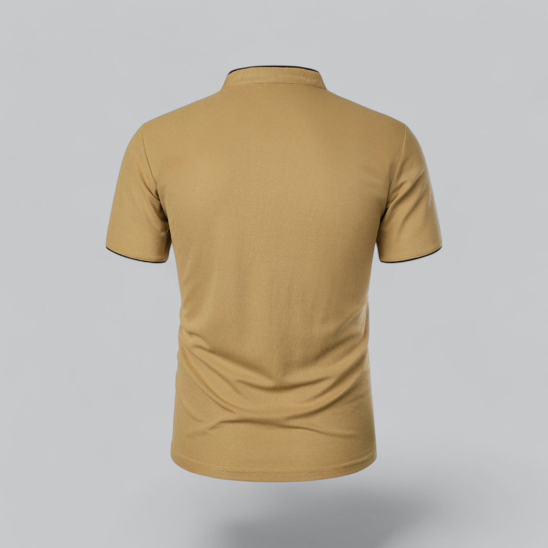 Back view of mustard yellow short sleeve polo shirt with collarless stand neck and black piping