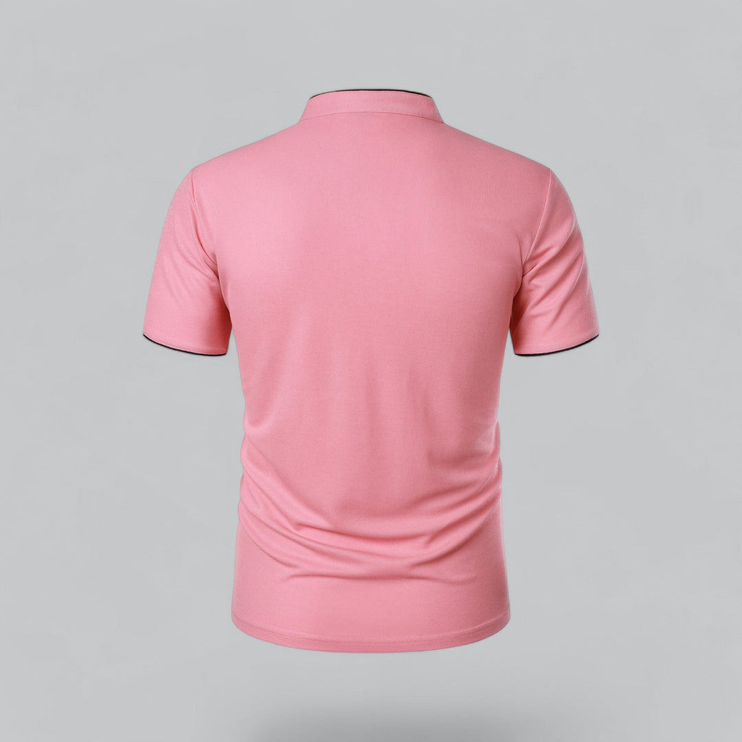 Pink collarless polo shirt angled back view with short sleeves and fit
