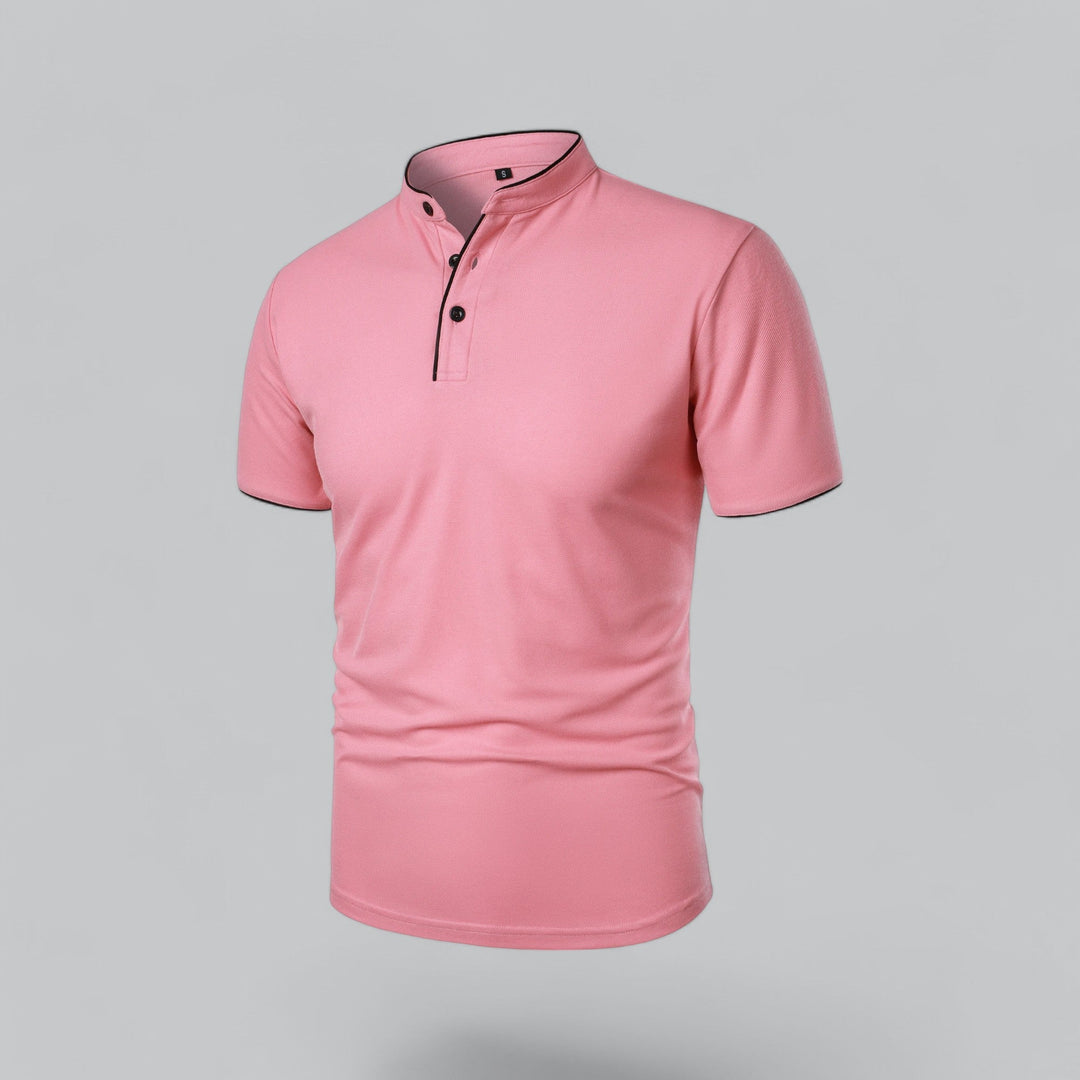Pink collarless short sleeve polo shirt with black trim and three-button placket, front view
