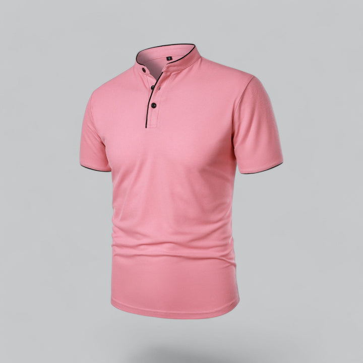 Pink collarless short sleeve polo shirt with black trim and three-button placket, front view