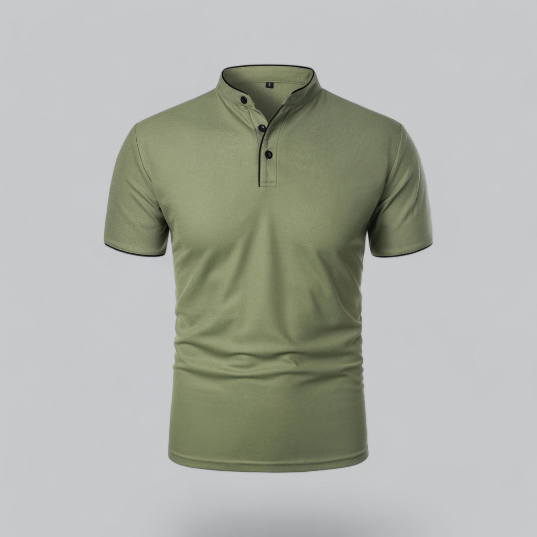 Olive green collarless short sleeve polo shirt with black piping and button placket, front view