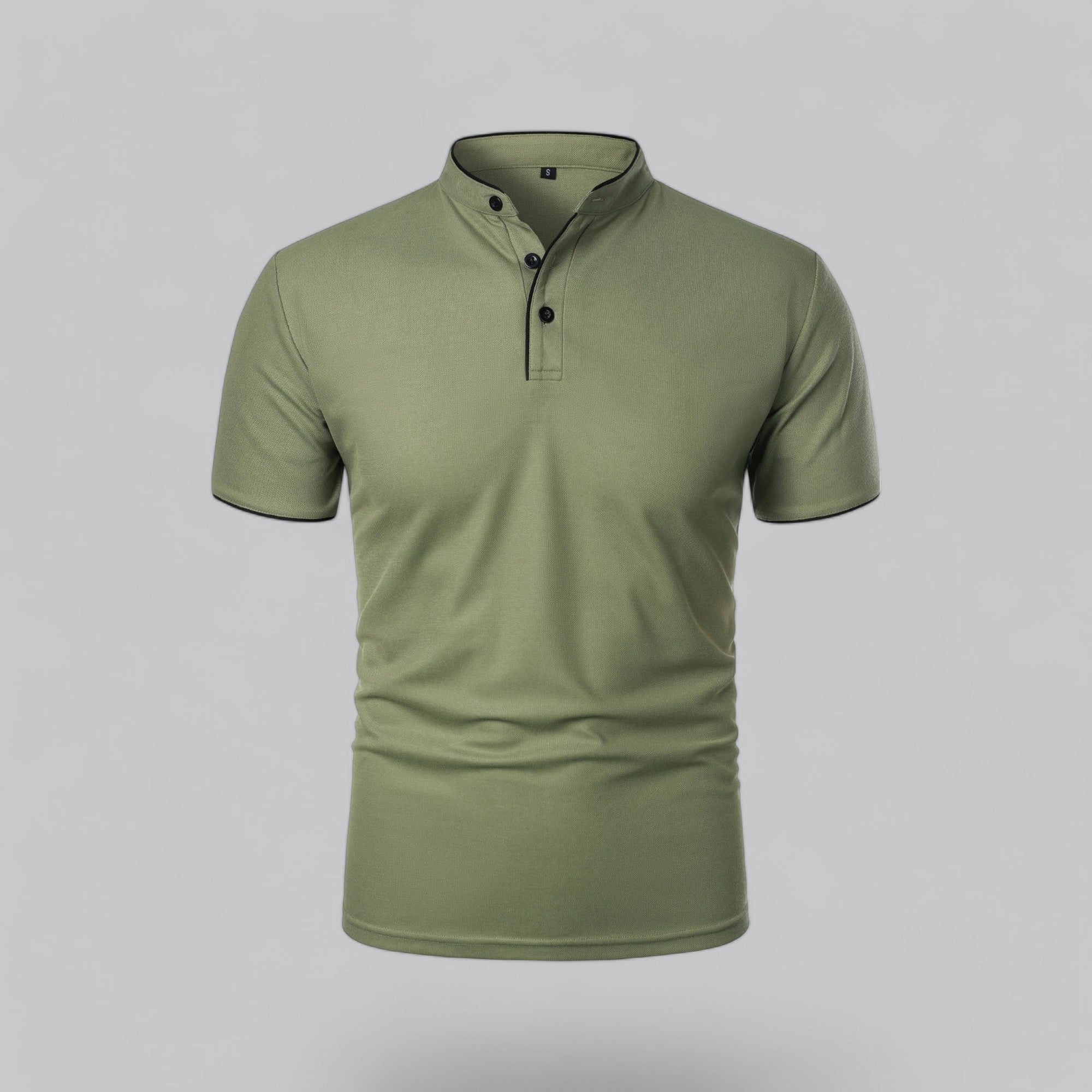 Olive green collarless short sleeve polo shirt with black piping and button placket, front view
