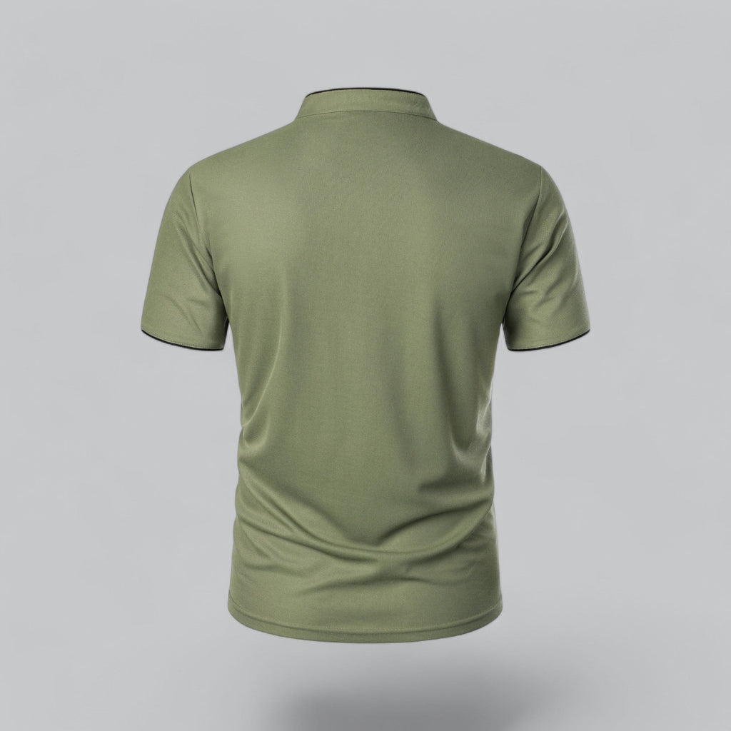 Back view of olive green collarless short sleeve polo shirt with a smooth fitted cut