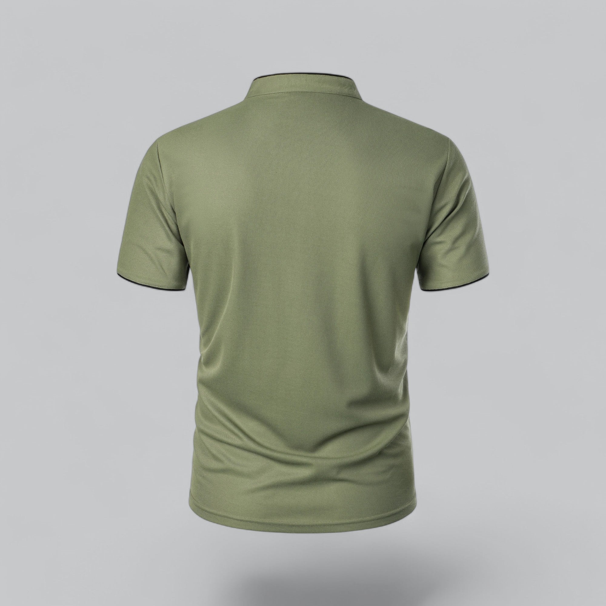 Back view of olive green collarless short sleeve polo shirt with a smooth fitted cut