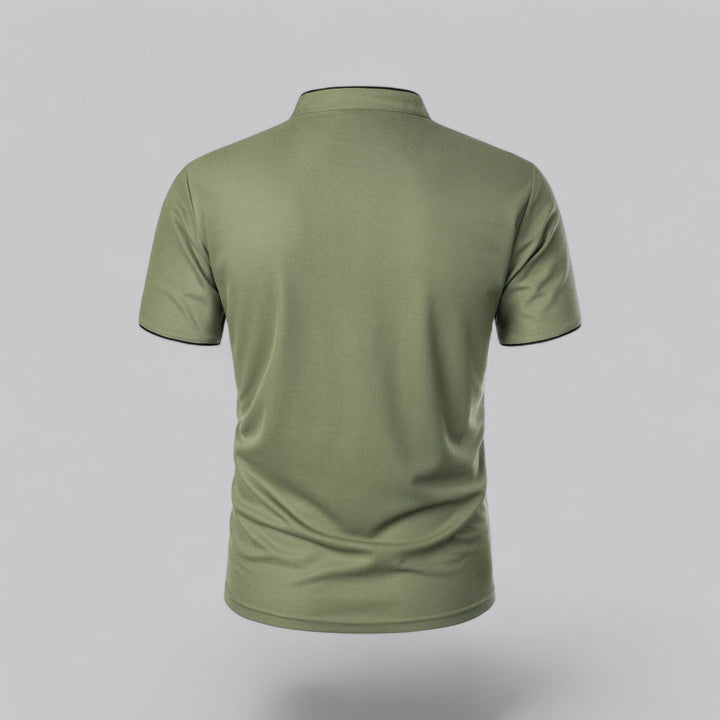 Back view of olive green collarless short sleeve polo shirt with a smooth fitted cut