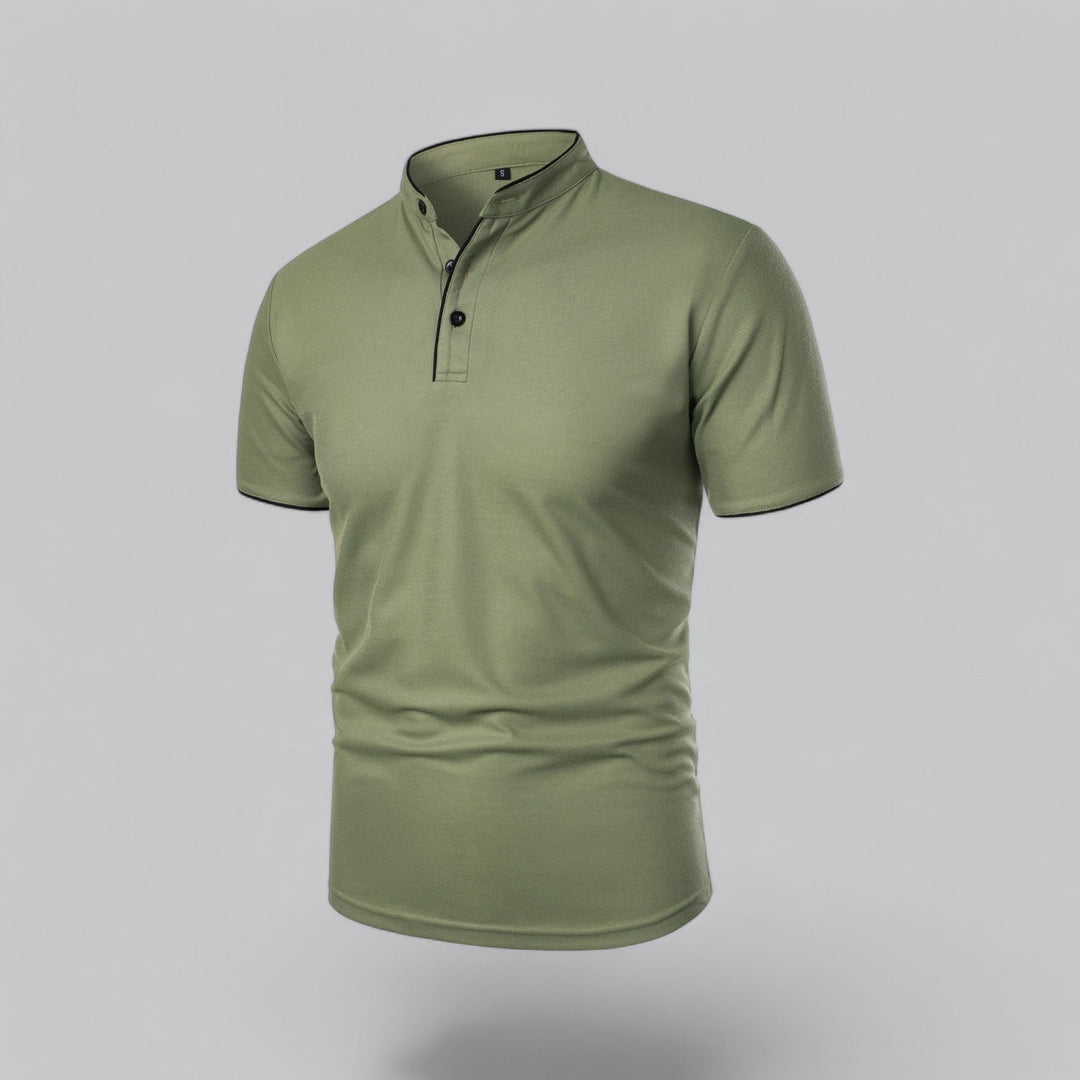 Angled front view of olive green collarless polo shirt with short sleeves and black trim