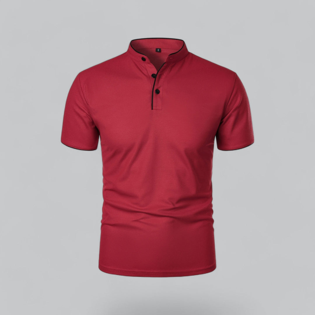 Red collarless short sleeve polo shirt with black piping and three-button placket, front view