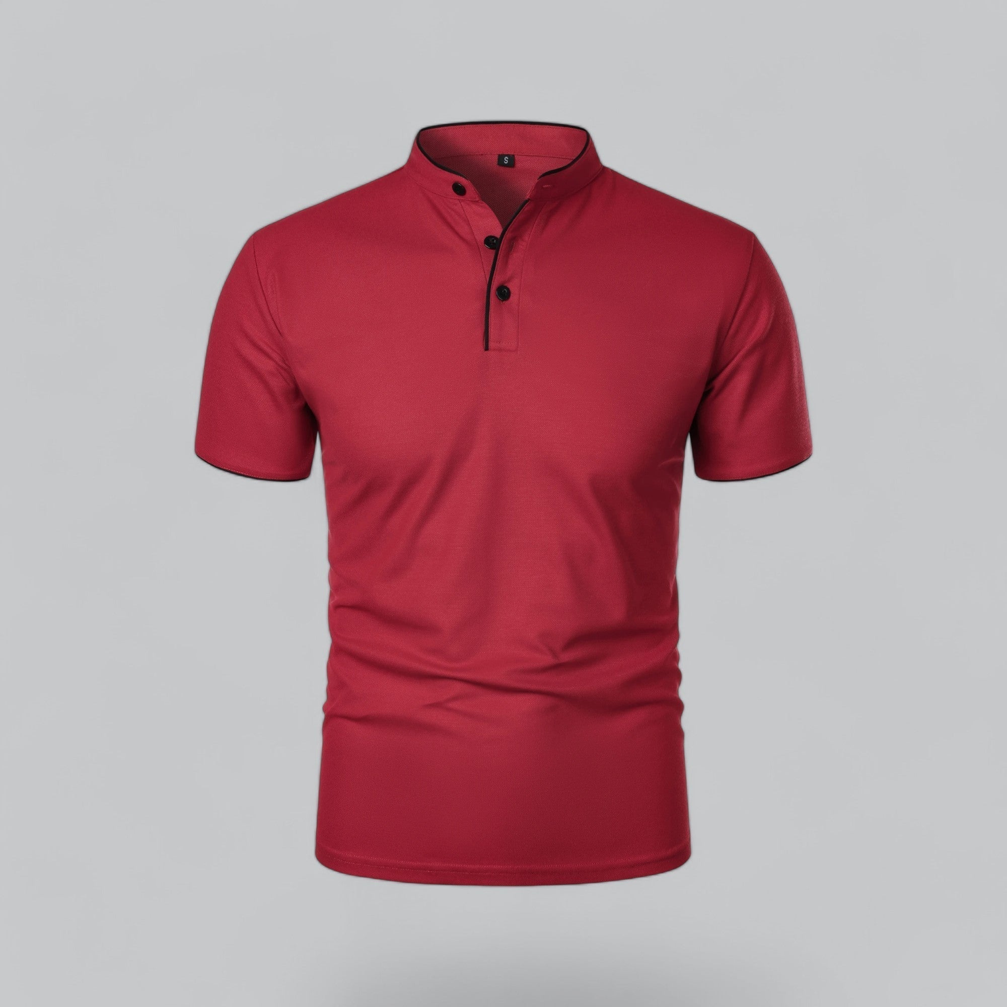 Red collarless short sleeve polo shirt with black piping and three-button placket, front view