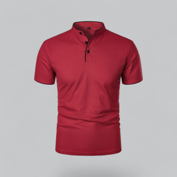 Red collarless short sleeve polo shirt with black piping and three-button placket, front view