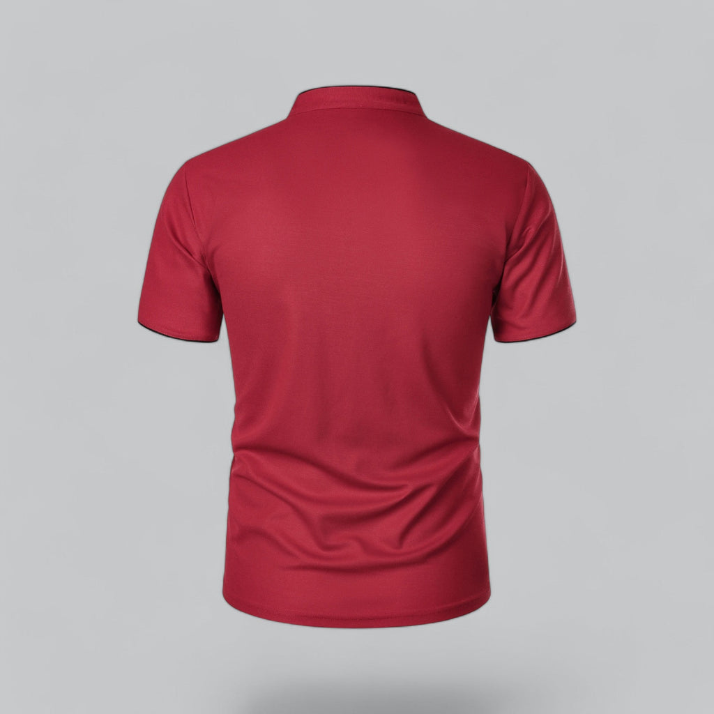 Back view of red collarless short sleeve polo shirt with a clean fitted silhouette