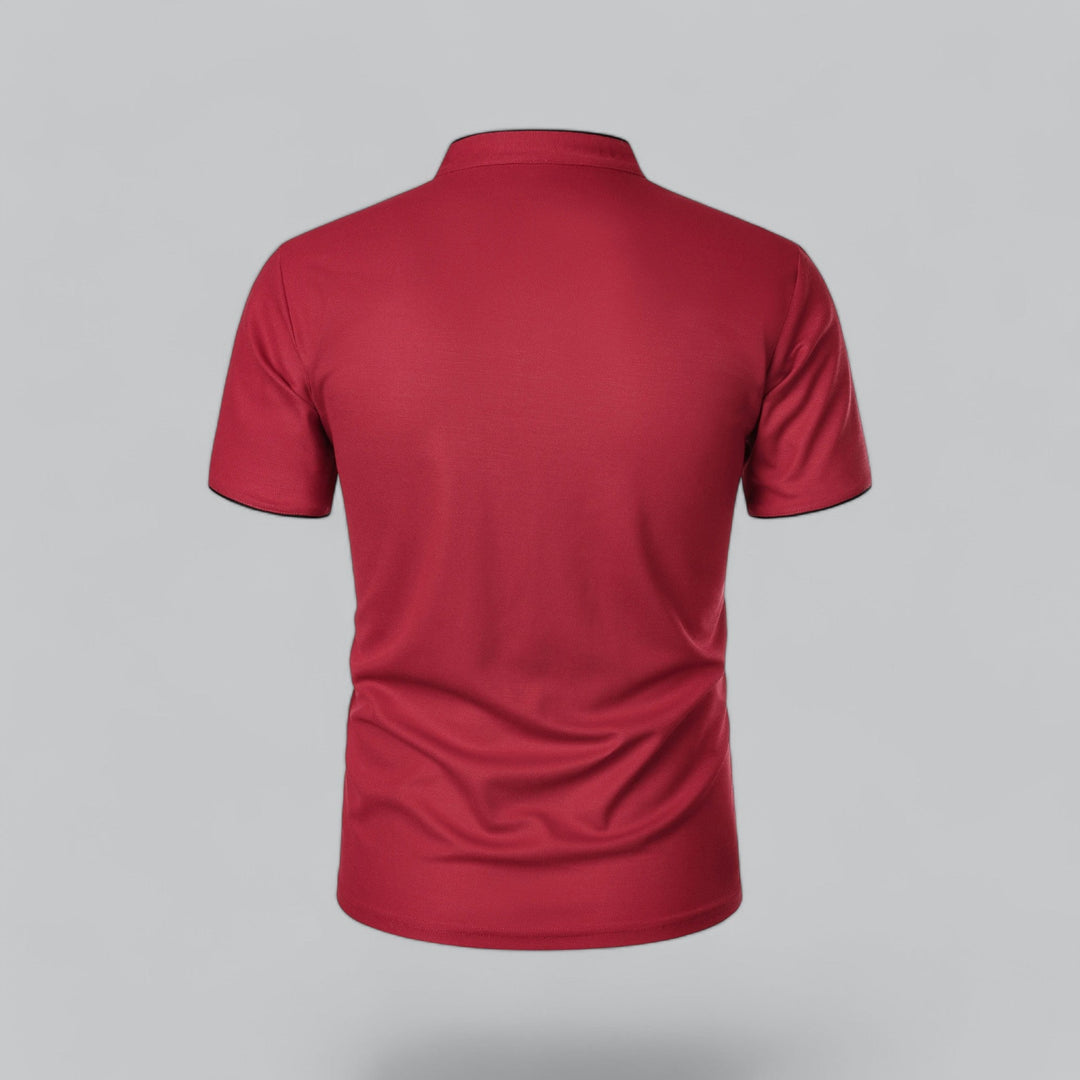 Back view of red collarless short sleeve polo shirt with a clean fitted silhouette