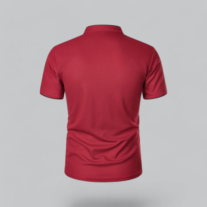 Back view of red collarless short sleeve polo shirt with a clean fitted silhouette