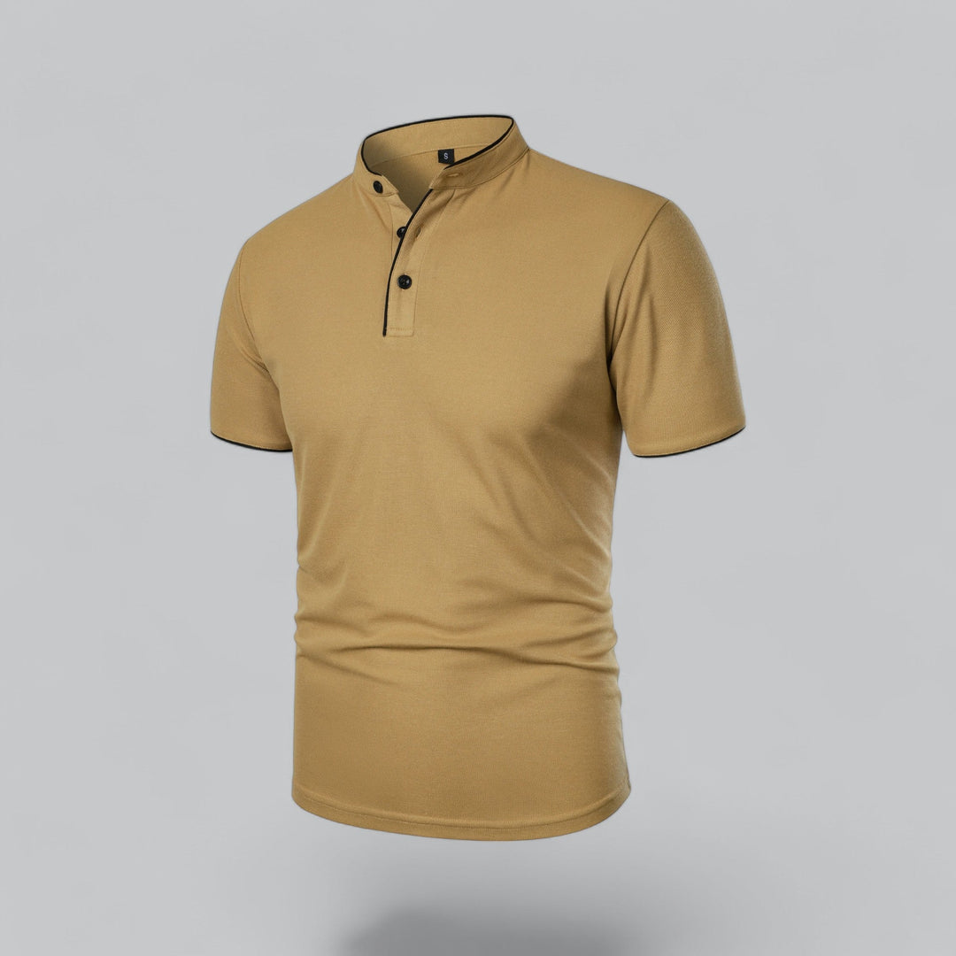 Front angled view of mustard yellow polo shirt with collarless neckline and textured knit fabric