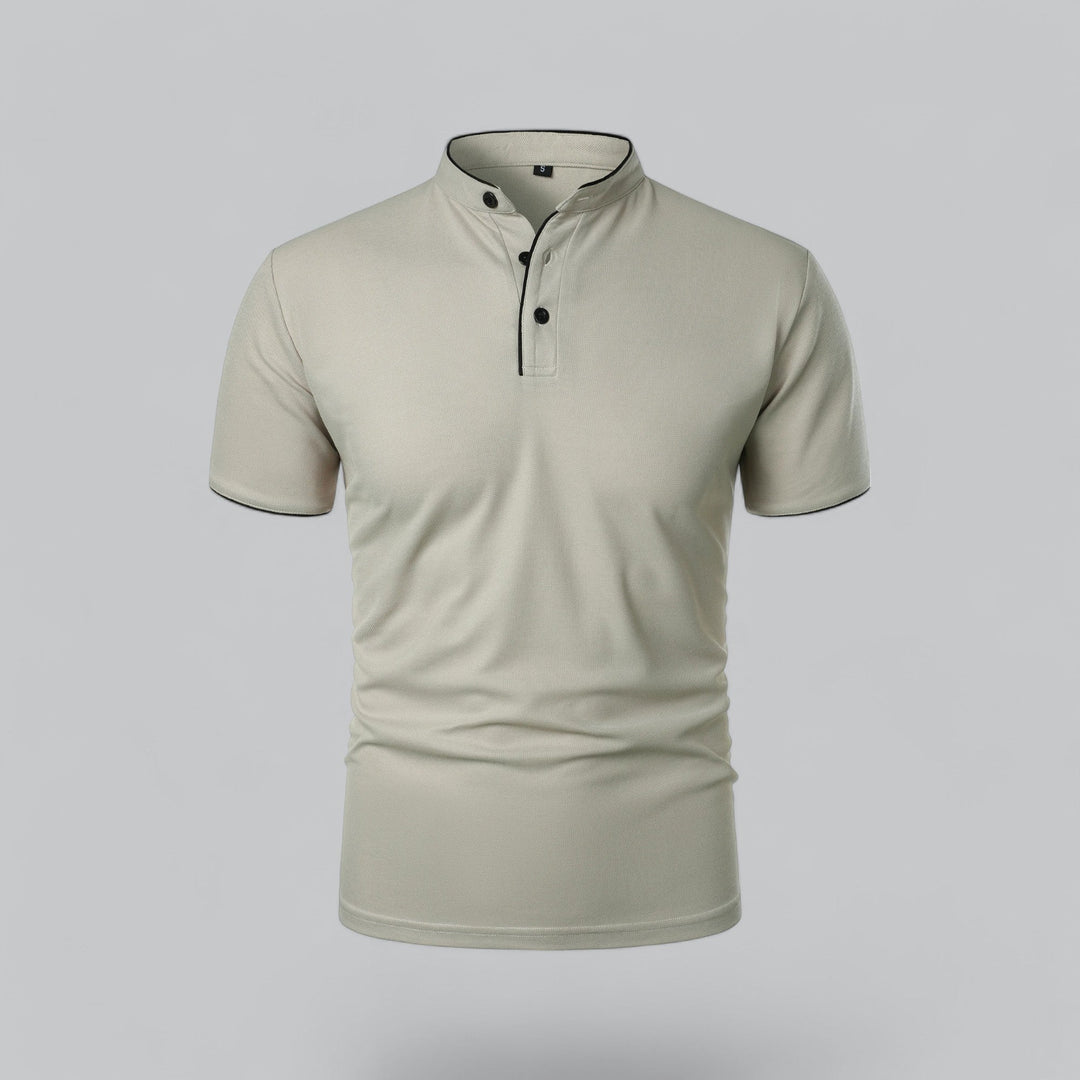 Rear angled view of mustard yellow short sleeve polo shirt showing smooth fit and black edge trim